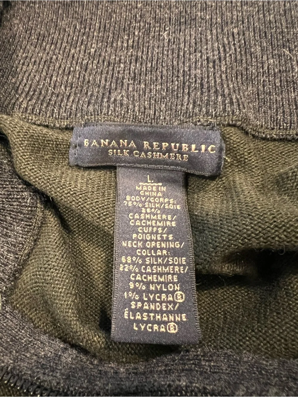 Banana Republic Men’s Quarter Zip Olive Green Silk-Cashmere Sweater Large